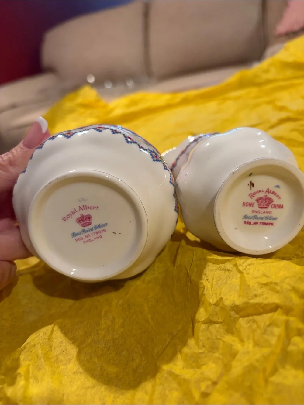 Royal Albert White Bone China sugar and milk set with Pink and Blue Trim